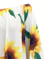 Sunflower Print One Shoulder Bell Sleeve Mini Dress