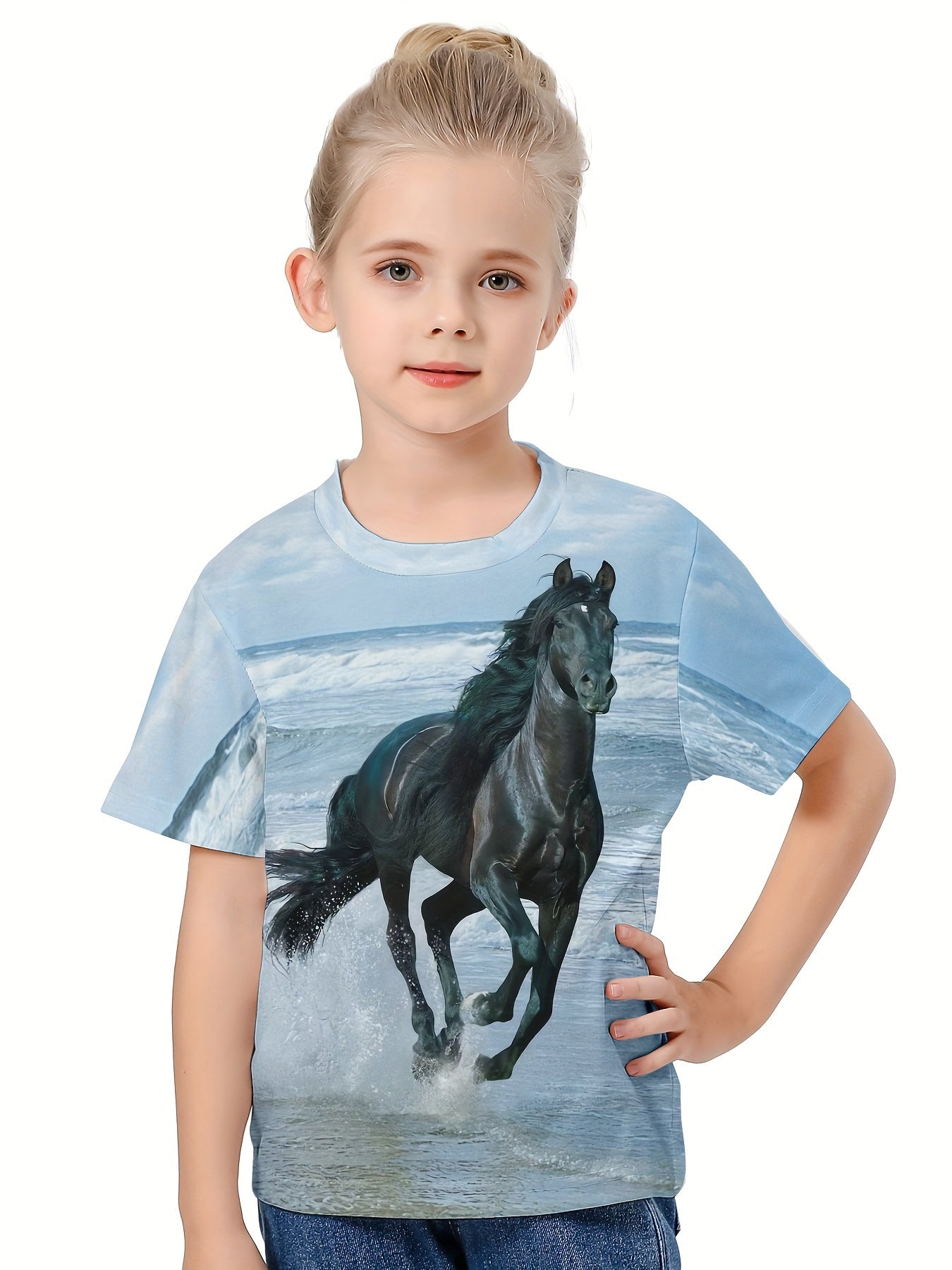3D Horse On The Beach Graphic Short Sleeve T shirt Boys Girls Summer Pullover