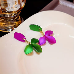 Green & Purple Flower Earrings Silver Needle Punk Style
