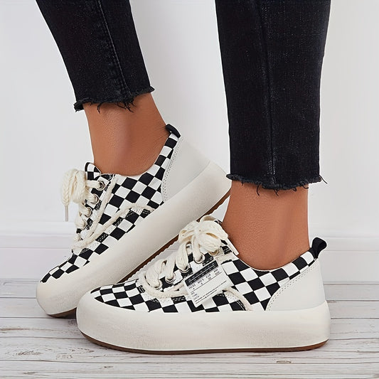 Women's Plaid Pattern Skate Shoes Lace Up Platform Sneakers