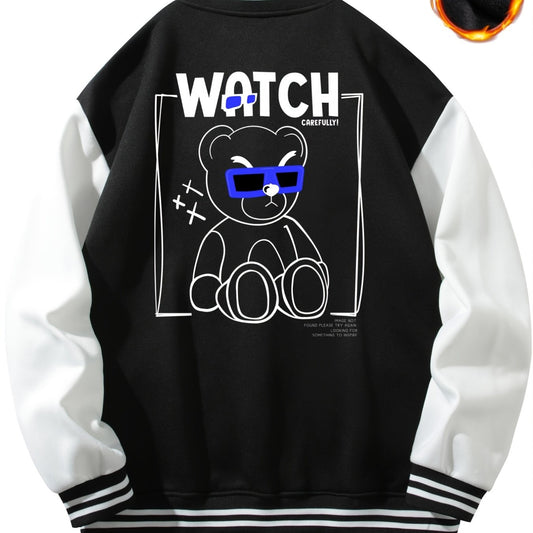 Men's 'BEAR' Print Lightweight Fleece Baseball Jacket