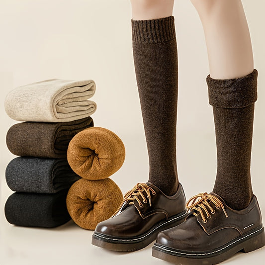 5 Pairs Warm Knee High Calf Socks Women's Stockings Solid Color