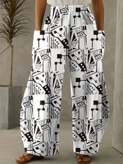 Random Print Wide Leg Trousers with Pockets
