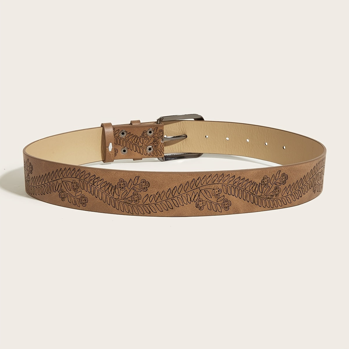Vintage Flower Leather Belt Brown Print Buckle Belt