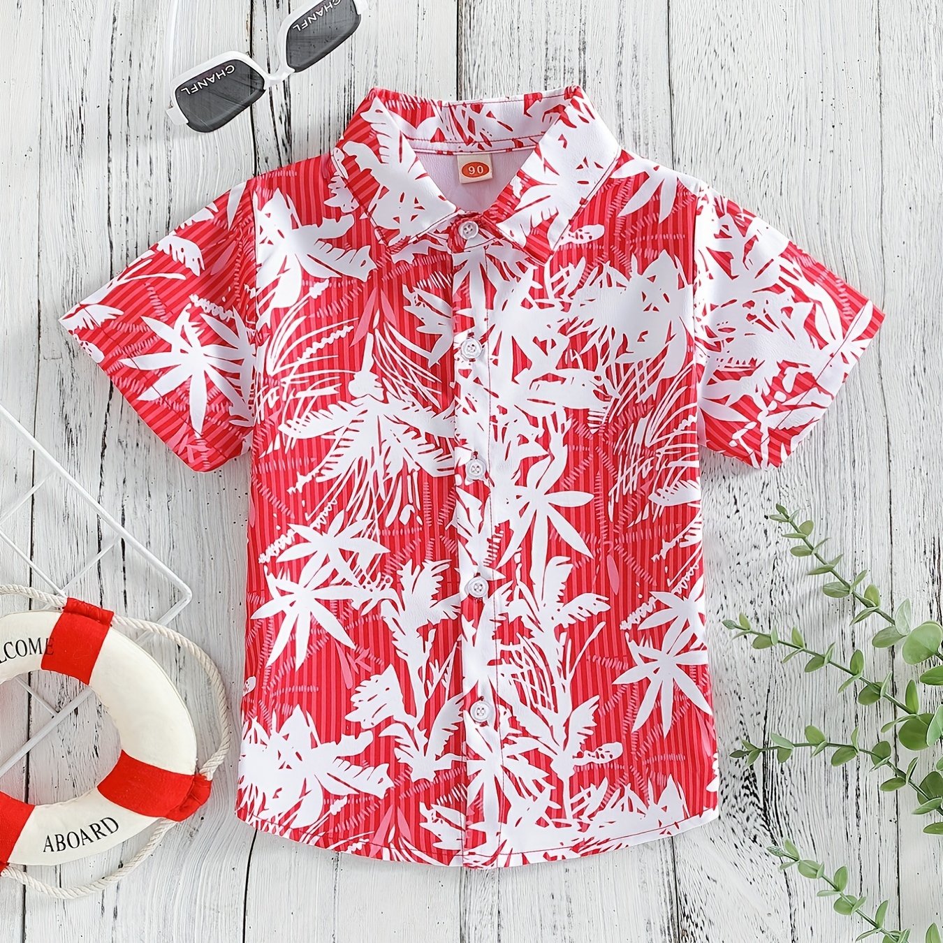 Boys Leaf Print Short Sleeves Shirt For Vacation Beach Kids Summer Clothes
