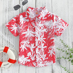 Boys Leaf Print Short Sleeves Shirt For Vacation Beach Kids Summer Clothes