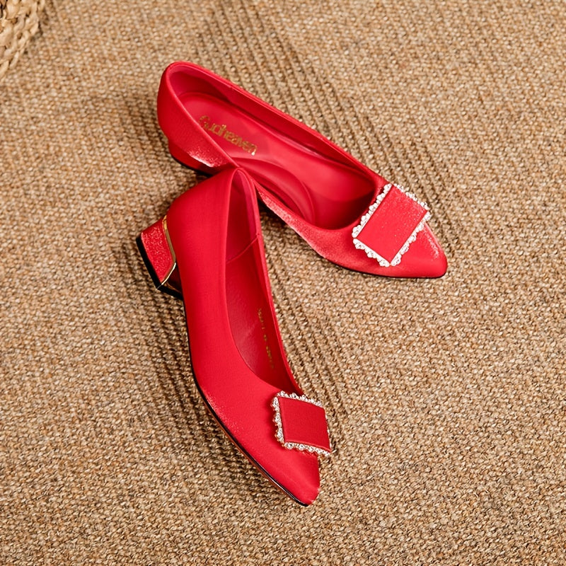 Women's Red Wedding Shoes Rhinestone Low Heels Slip On
