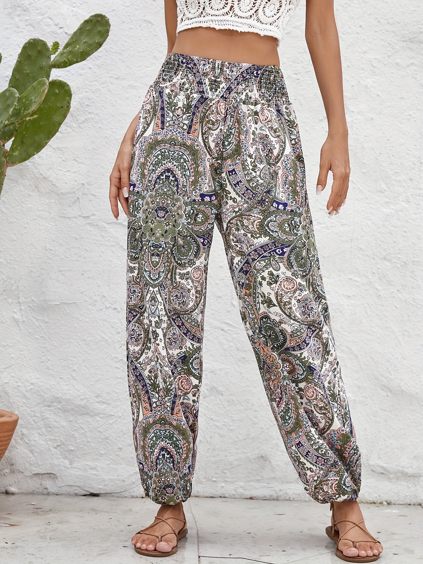 Ethnic Floral Print Pants Casual Shirred Long Length