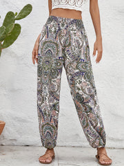 Ethnic Floral Print Pants Casual Shirred Long Length