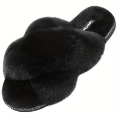 Women's Plush Cross Strap Slippers Open Toe Slip On Warm Winter Home Shoes