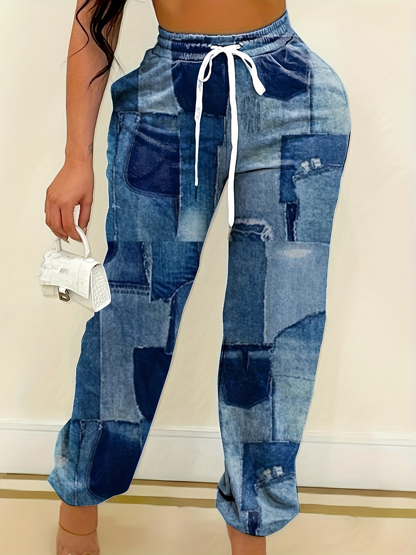  Colorblock Denim Print High Rise Jogger Trousers