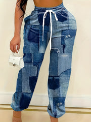  Colorblock Denim Print High Rise Jogger Trousers