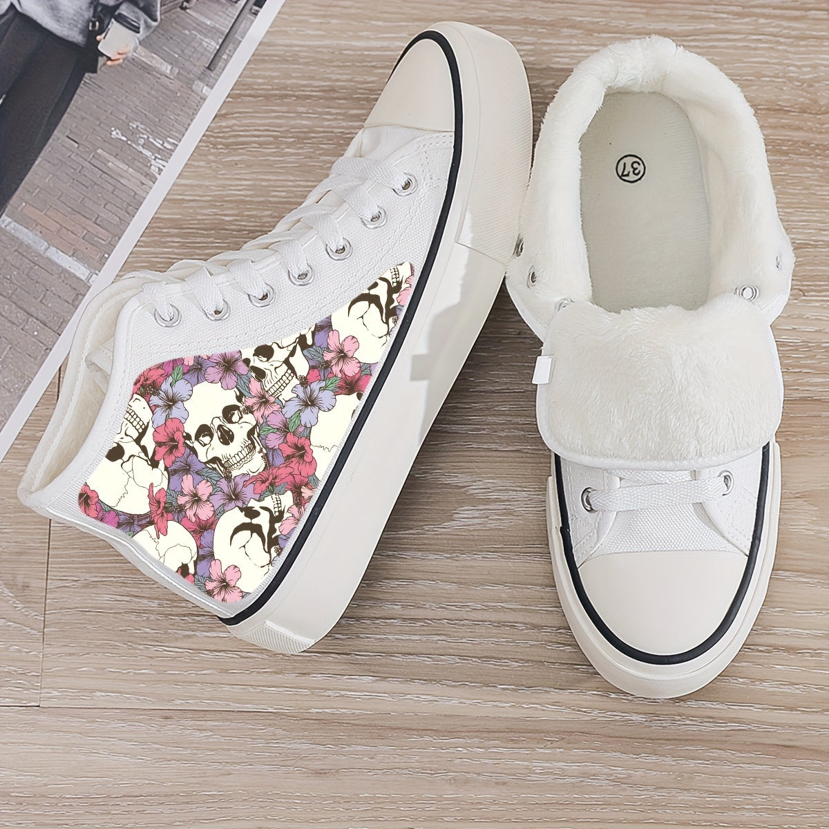 Girl's High Top Skull Skate Shoes With Plush Lining