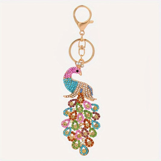 Metal Inlaid Diamond Peacock Keychain Car Pendant Gift