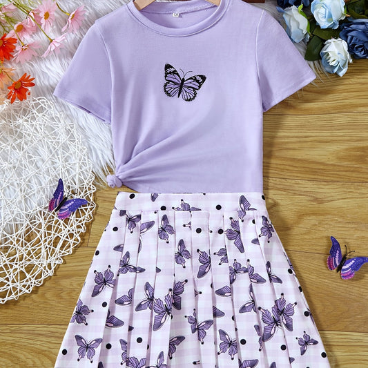 Girls Butterflies T-Shirt & Pleated Skirt Set