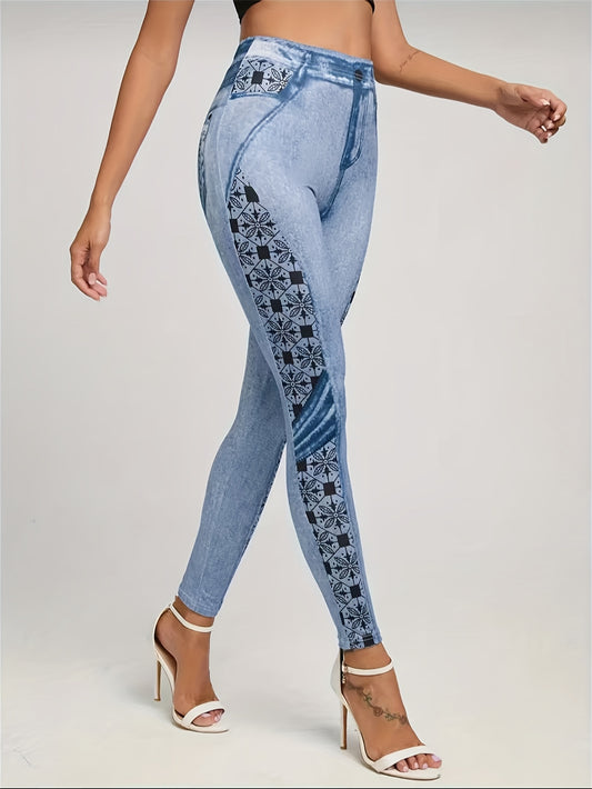 Faux Denim Print Hip Lifting Yoga Pants High Stretch Leggings
