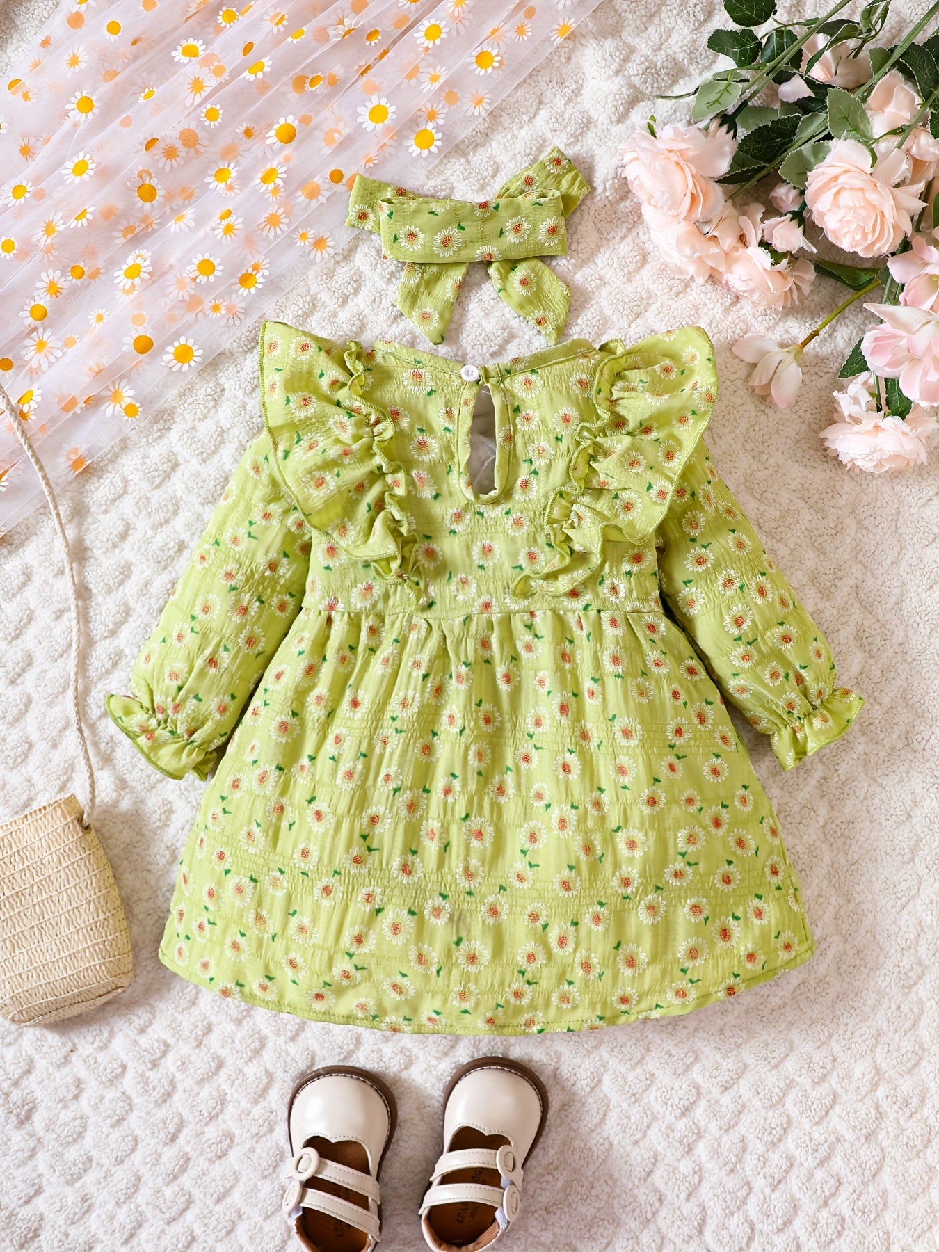 Infant Girl Daisy Print Dress Headband Set