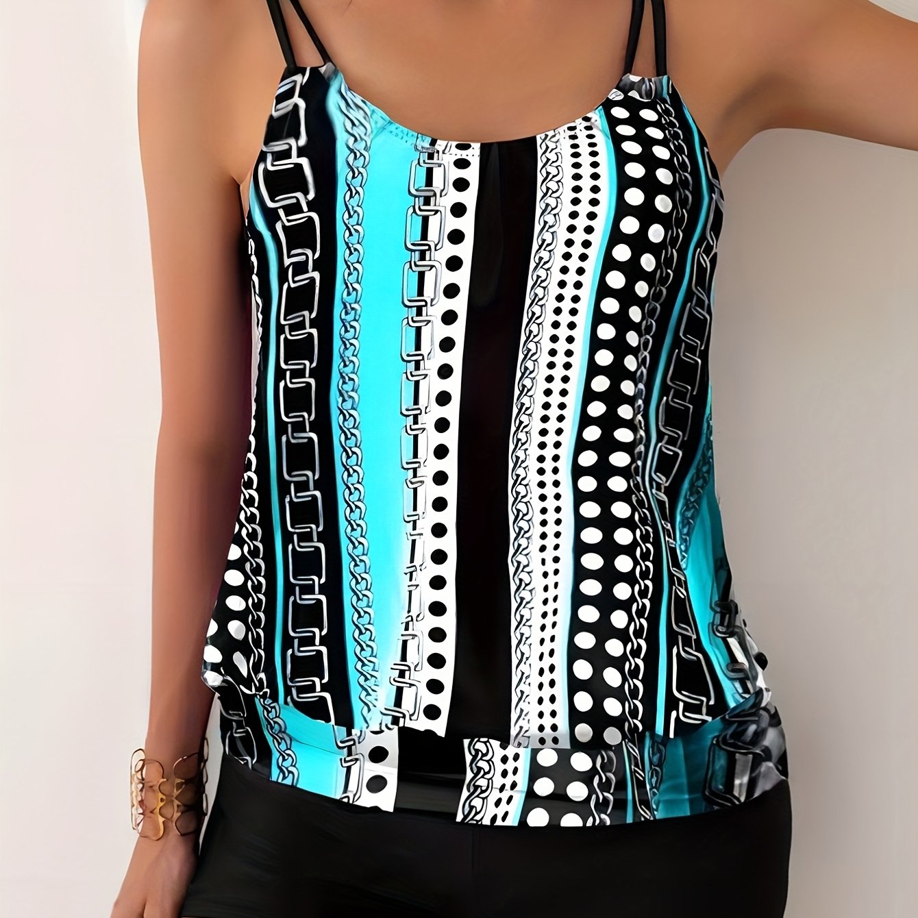 Striped & Polka Dot Tankini Set High Stretch Two Piece Swimsuit