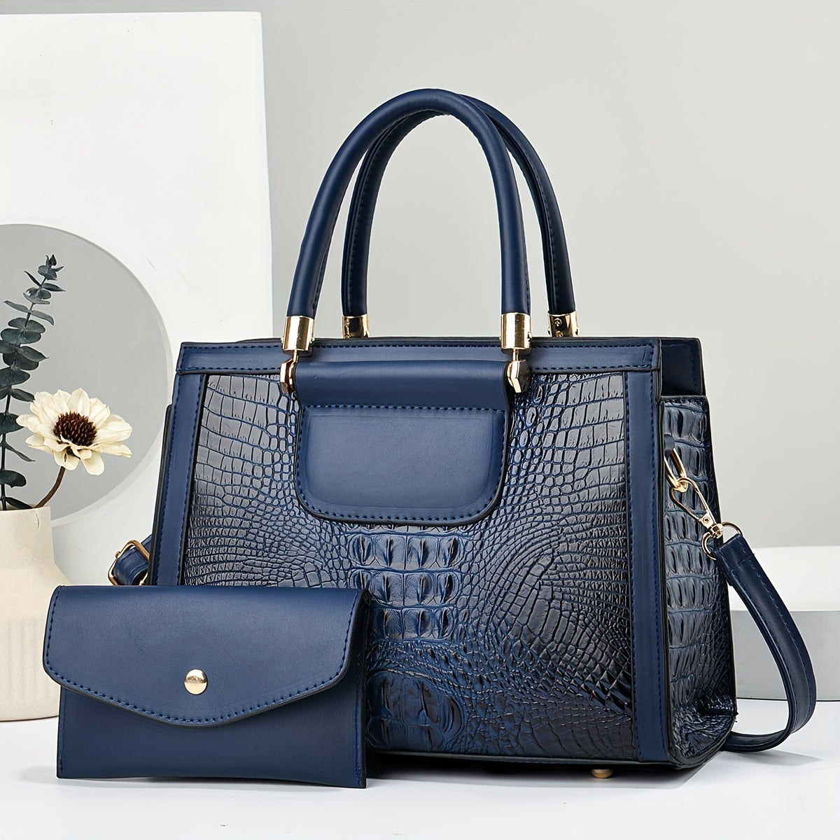 Crocodile Pattern Tote Bag Shoulder Crossbody Zipper Closure Versatile Style