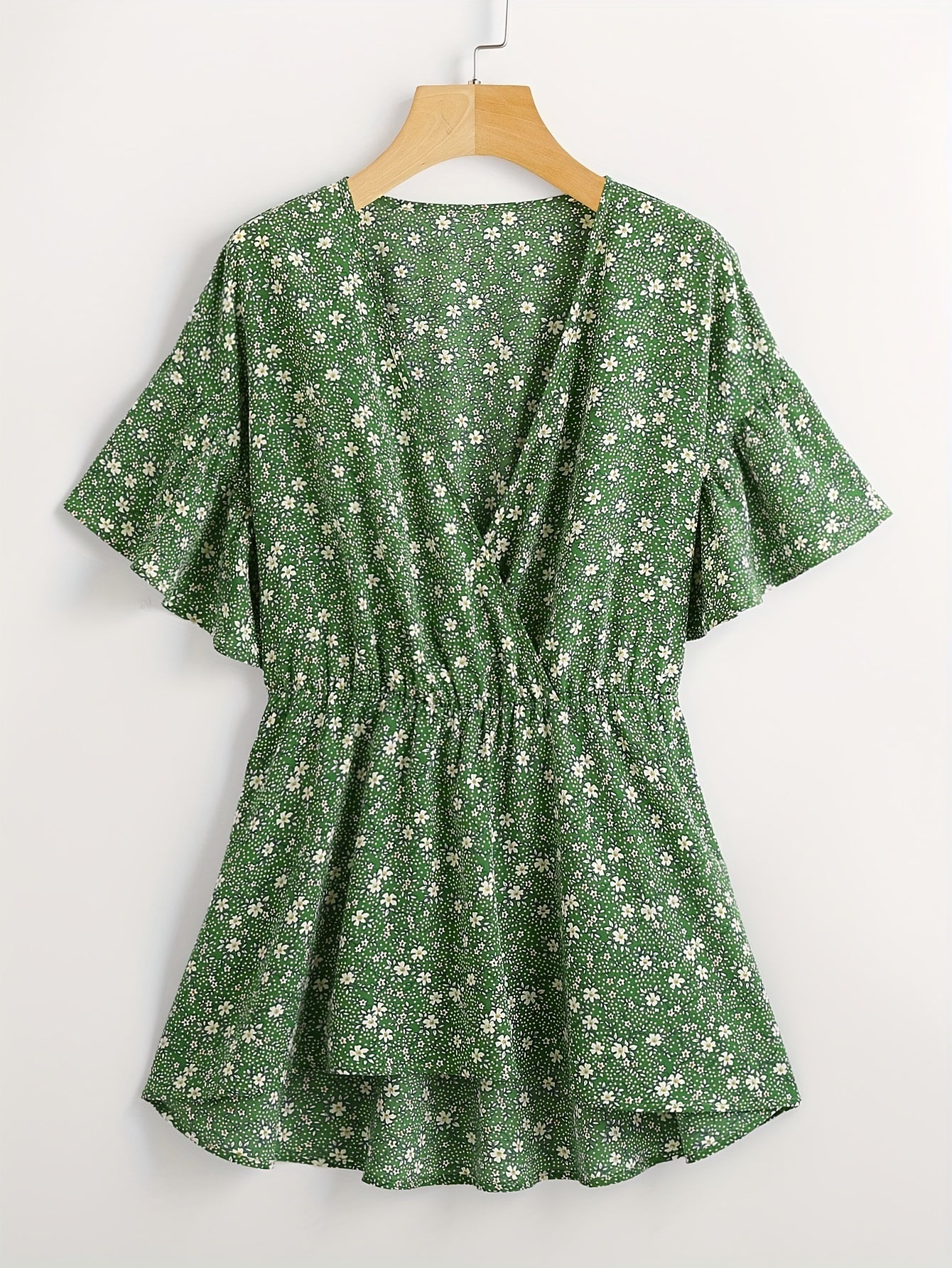 Boho Floral Print Butterfly Sleeve Surplice Neck Peplum Top