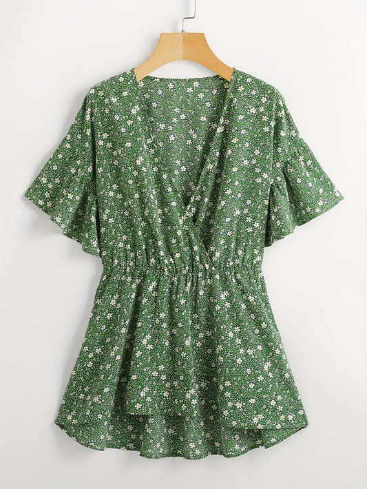 Boho Floral Print Butterfly Sleeve Surplice Neck Peplum Top