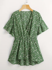 Boho Floral Print Butterfly Sleeve Surplice Neck Peplum Top
