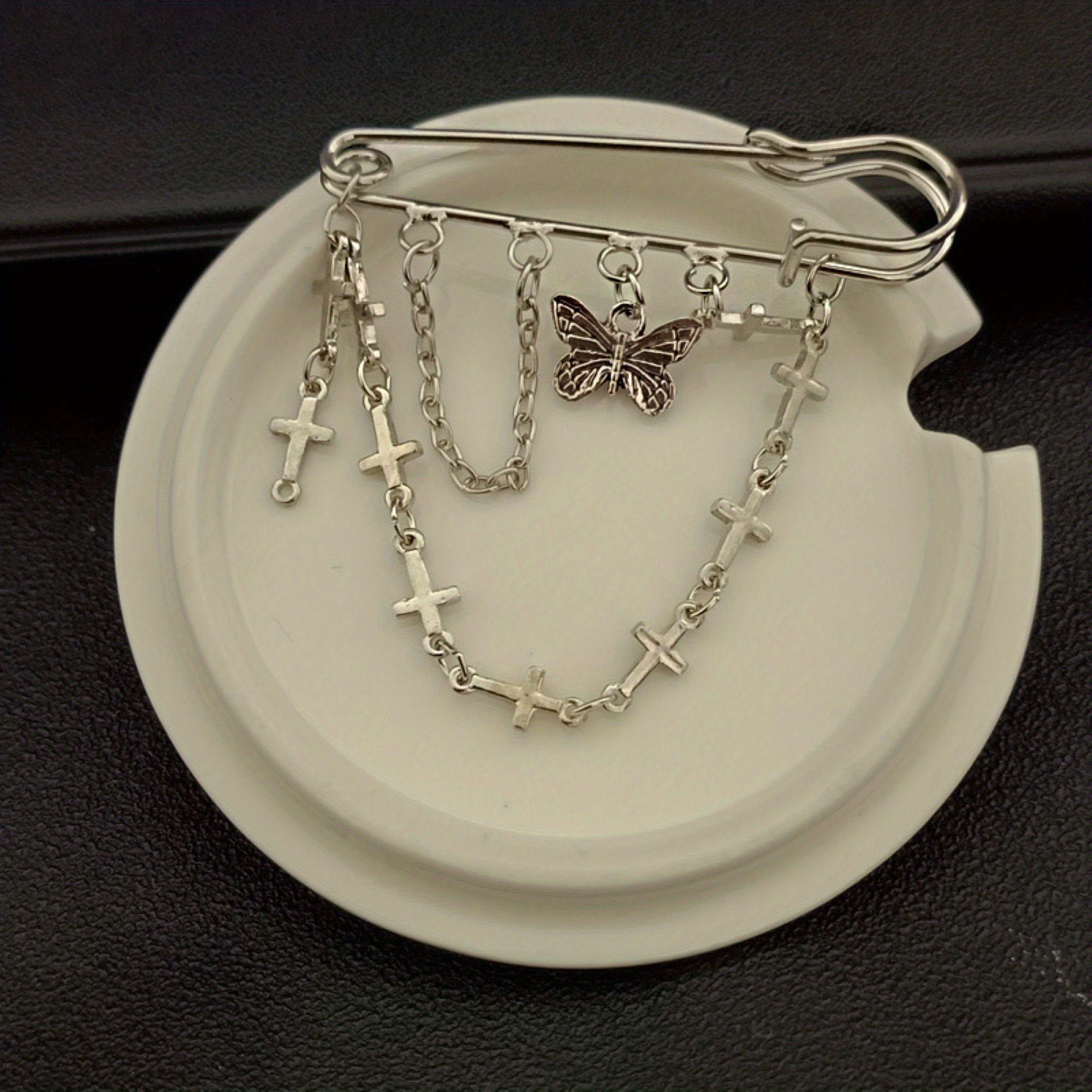Butterfly Cross Chain Brooch Minimalist Tassel Pin
