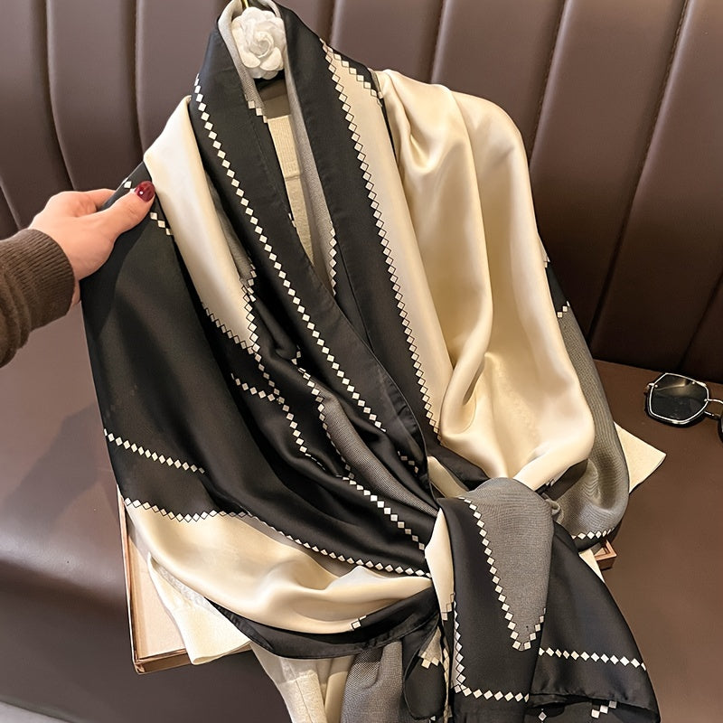 Satin Geometric Chain Print Grey Block Scarf