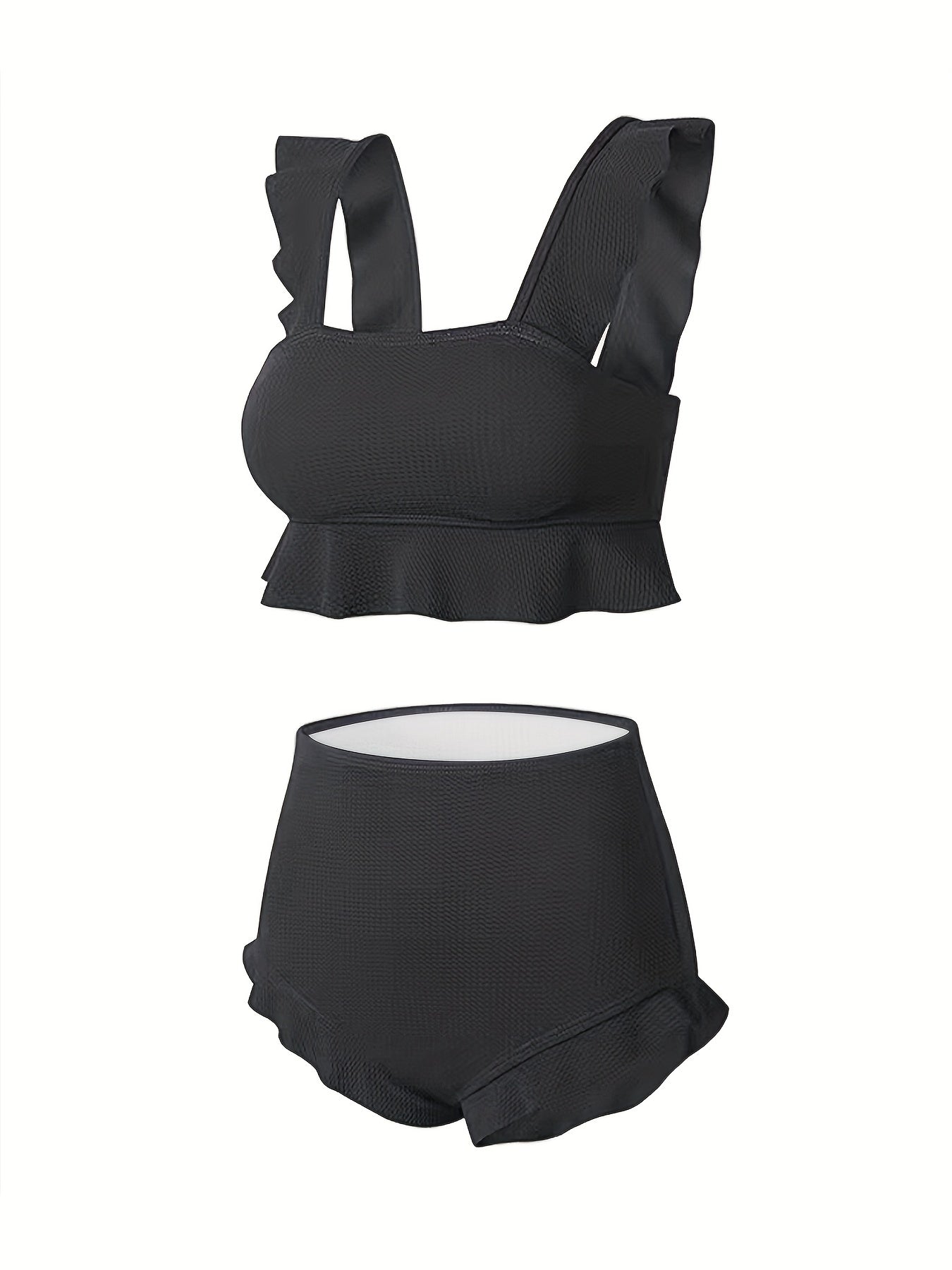 Ruffle Trim High Waist Bikini Solid 2 Piece Swimsuit