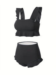Ruffle Trim High Waist Bikini Solid 2 Piece Swimsuit