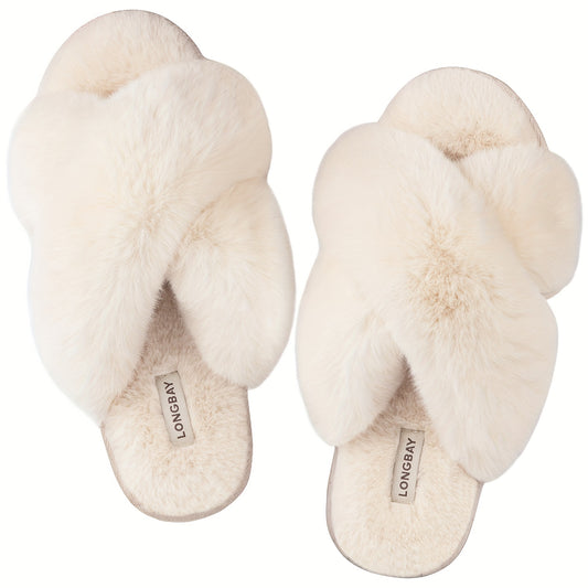 Women's Plush Cross Strap Slippers Open Toe Slip On Warm Winter Home Shoes