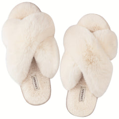 Women's Plush Cross Strap Slippers Open Toe Slip On Warm Winter Home Shoes