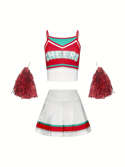 3pcs Girls Cheerleading Outfits With Poms For Sports Performance