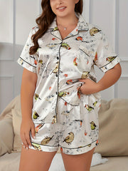 Plus Size Bird Print Pajama Set: Button Up Shirt & Shorts