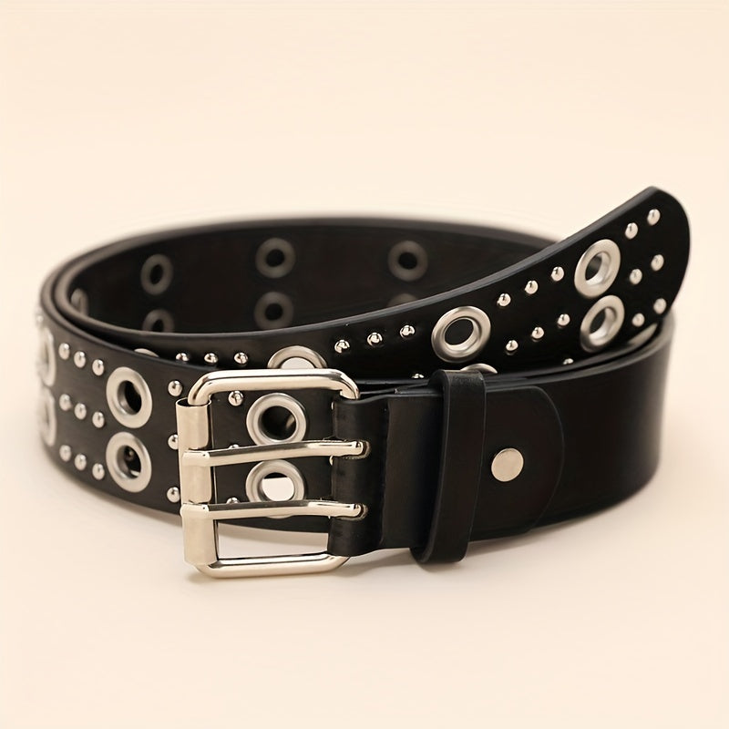 Double Pin Buckle Rivet Belt Hollow Out PU Leather Punk Jeans Pants Belt