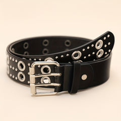 Double Pin Buckle Rivet Belt Hollow Out PU Leather Punk Jeans Pants Belt