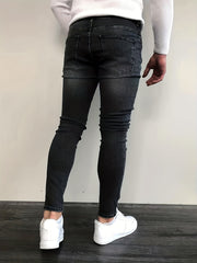 Slim Fit Ripped Cotton Jeans Men s Casual Street Style Solid Distressed Mid