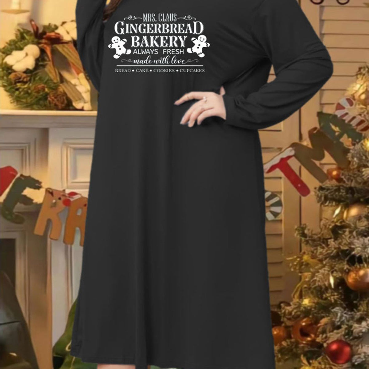 Plus Size Gingerbread Man Print Long Sleeve Round Neck Loungewear Dress