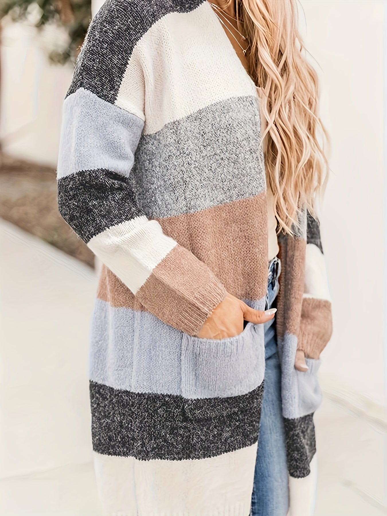  Colorblock Open Front Cardigan With Pockets