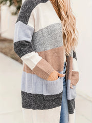  Colorblock Open Front Cardigan With Pockets