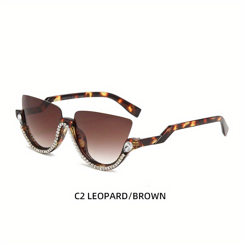 Y2K Cat Eye Semi Rimless Sunglasses with Rhinestones