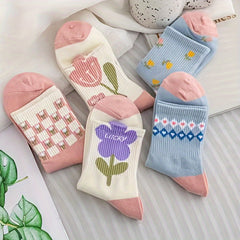 5 Pairs Floral & Plaid Print Socks Women's Stockings