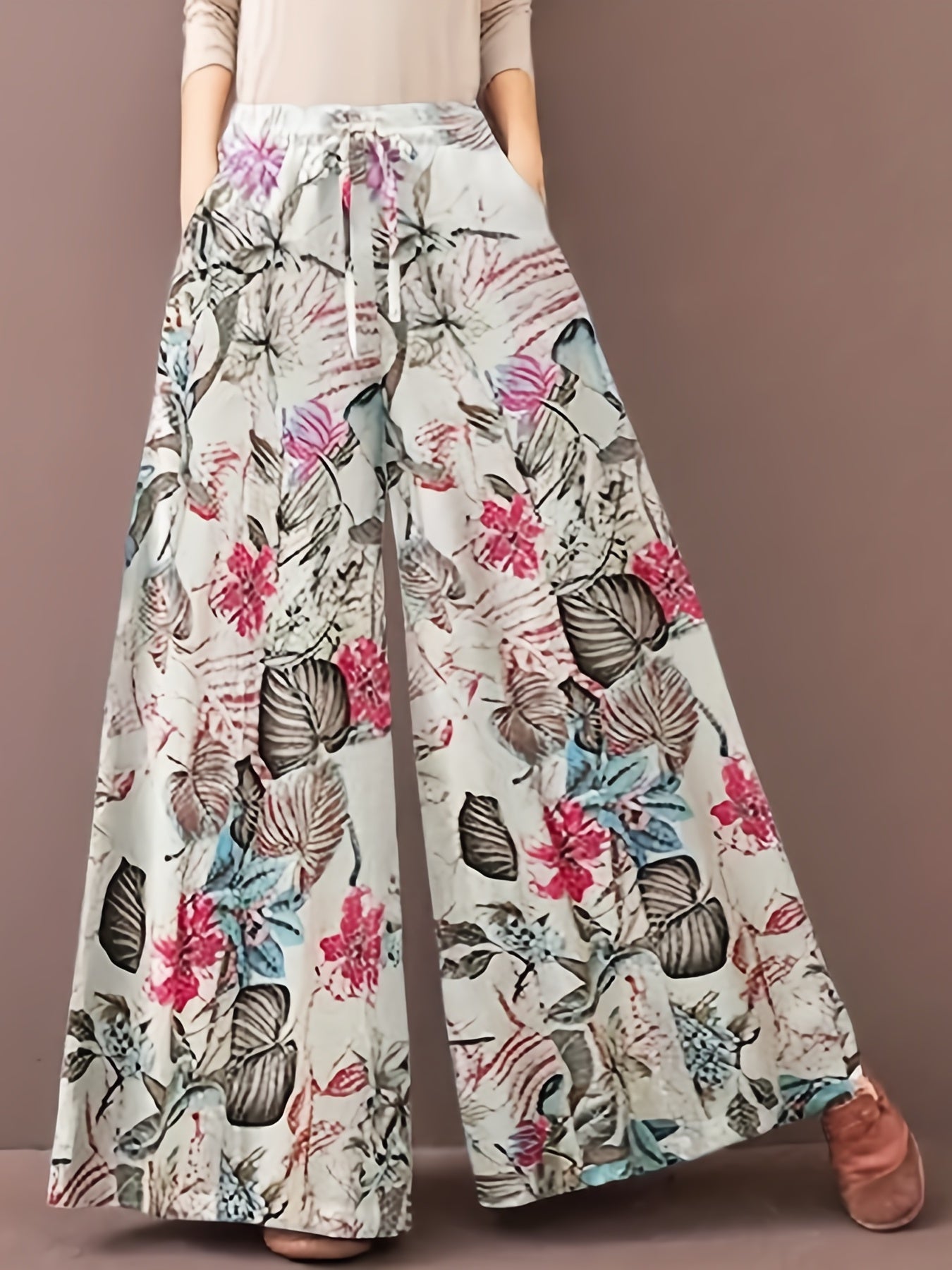  Floral Print Wide Leg Drawstring Pants With Pockets