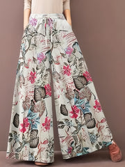  Floral Print Wide Leg Drawstring Pants With Pockets