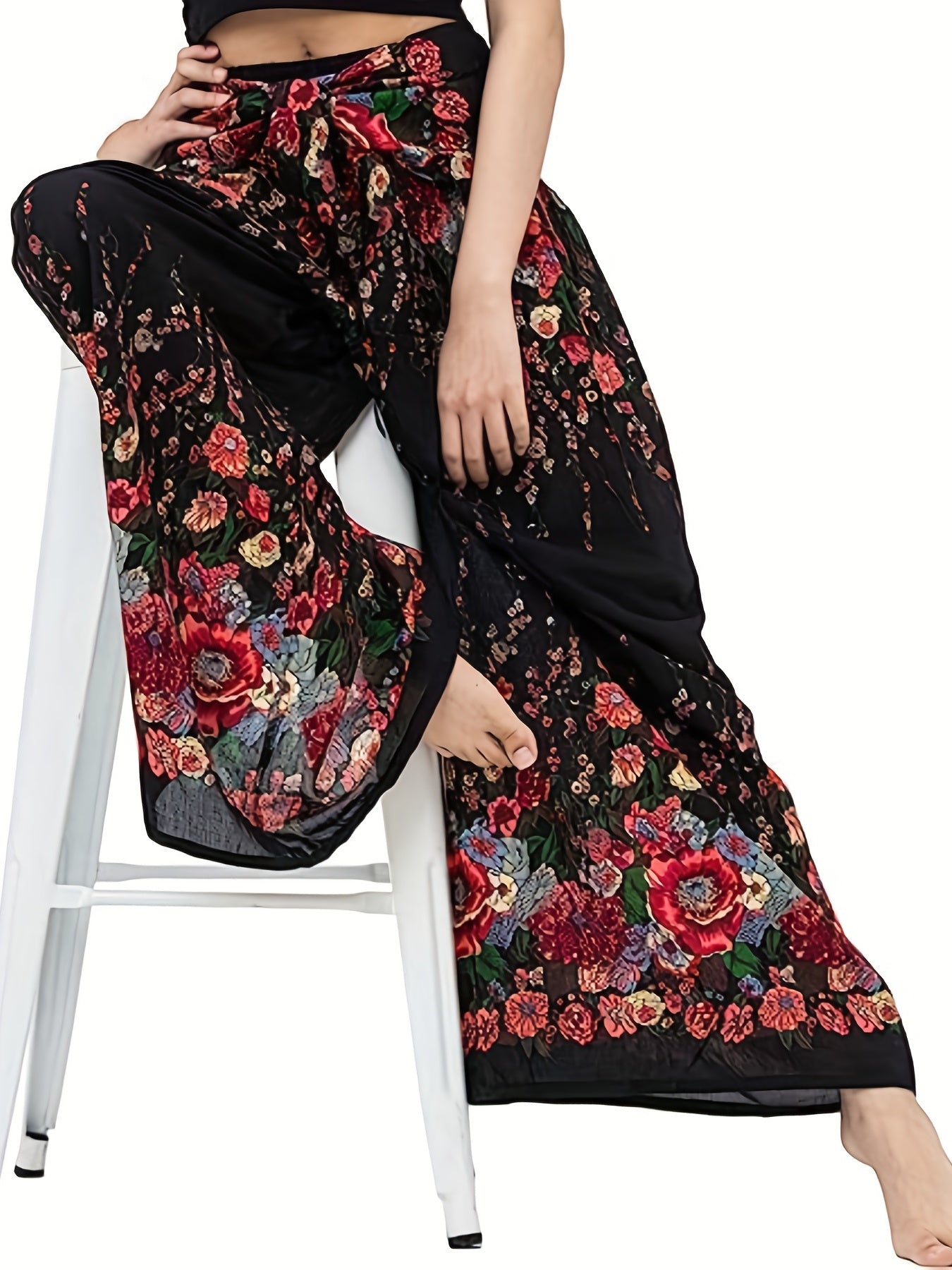Floral Print High Rise Wide Leg Trousers With Belt
