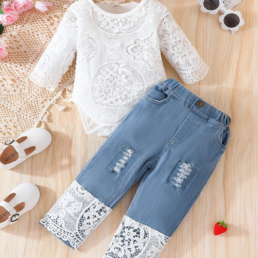 Baby Girl's Lace Romper Jeans Set