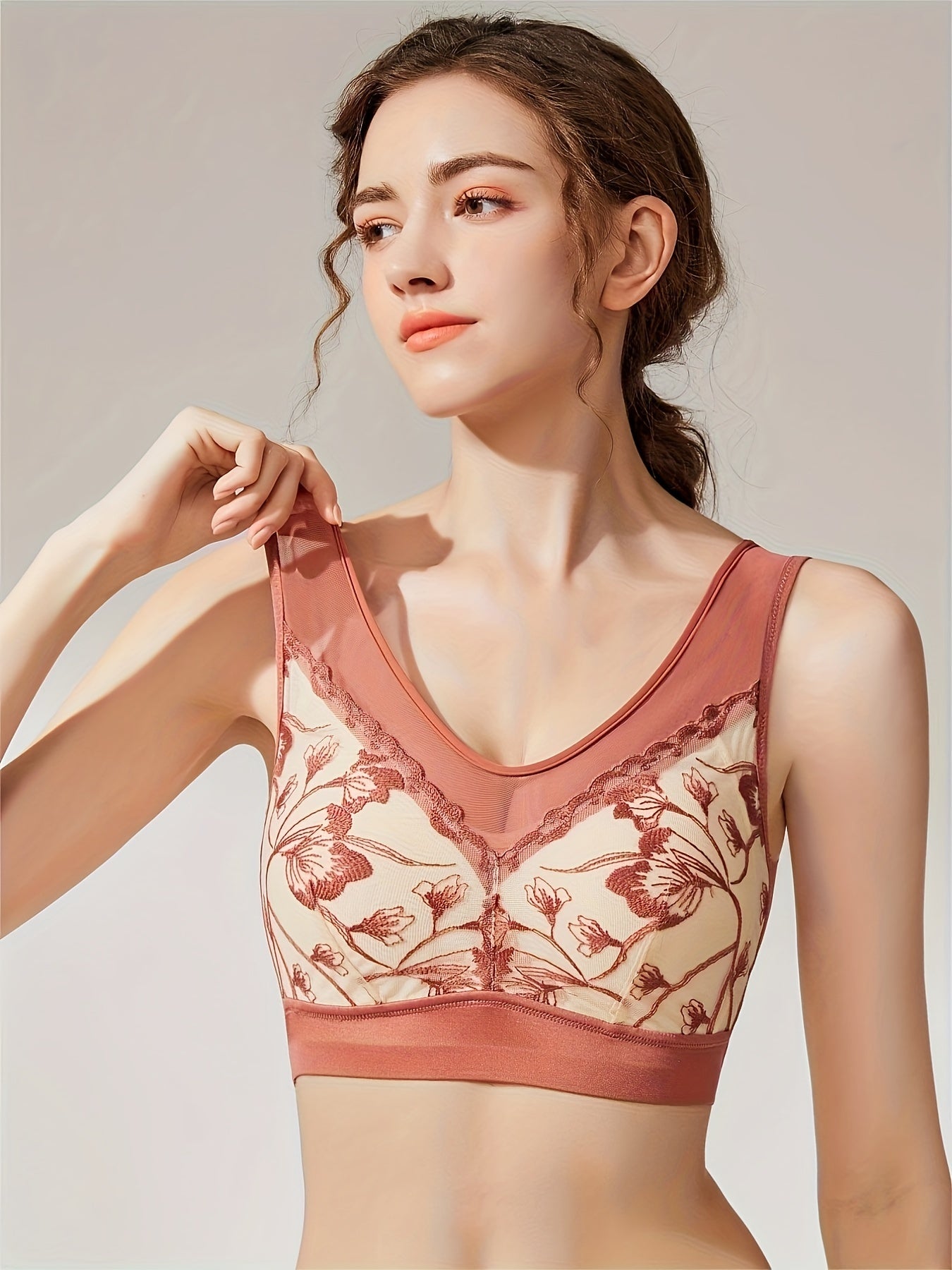 Floral Embroidered Wireless Bra Full Coverage