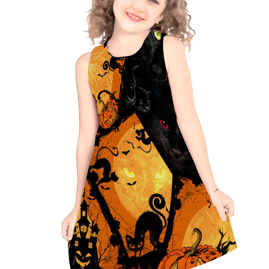 Girls Pumpkin & Ghost Sleeveless Dress Round Neck Halloween Casual Dress