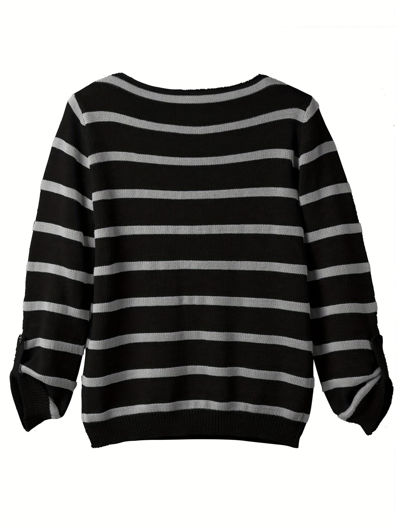 Striped Boat Neck Pullover Sweater Vintage Long Sleeve Pocket Loose Sweater