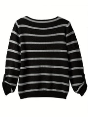 Striped Boat Neck Pullover Sweater Vintage Long Sleeve Pocket Loose Sweater
